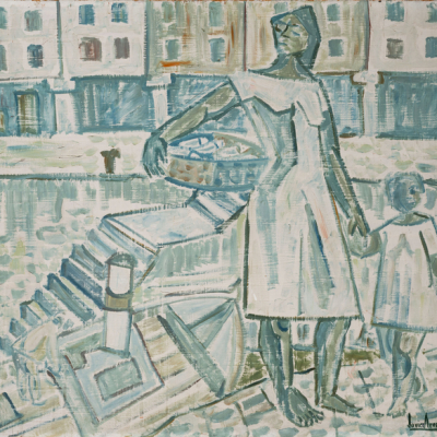 &quot;Sardinera con niño en el puerto&quot;  JAVIER AROCENA (San Sebastián, 1935 -2016)   