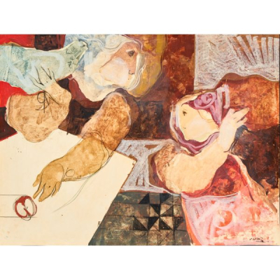 Alvar Su&ntilde;ol Mu&ntilde;oz-Ramos (Montgat, Barcelona, 1935)  Personajes con manzana.  T&eacute;cnica mixta sobre papel adherido a tabla. Firmado. 