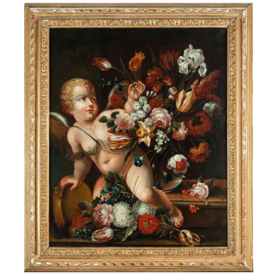 "Bodeg&oacute;n de Flores con querub&iacute;n". Escuela Italiana del siglo XVII, C&iacute;rculo de Mario de Fiori. 