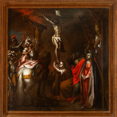 &quot;Calvario&quot; Escuela Colonial de Lima de Pumacallao, Basilio Santa Cruz, siglo XVII, Perú Virreinal.   Óleo sobre lienzo.