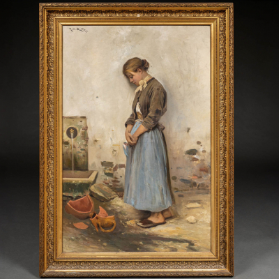 &quot;Jovencita con cántaro roto en la fuente&quot;.  RICARDO BRUGADA (Barcelona, 1867-1919).  