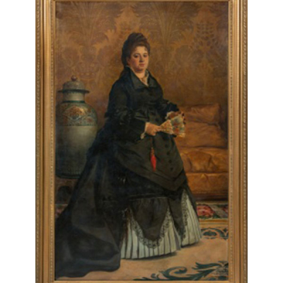 ESCUELA ESPAÑOLA  (S. XIX) &quot;Retrato de dama con abanico en el salón &quot; Óleo / Lienzo 
