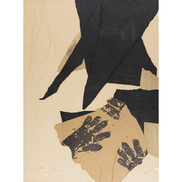 Antoni Clav&eacute; Sanmart&iacute; (Barcelona, 1913-Saint Tropez, Francia, 2005)  Gants Noir et ficelles.  Grabado al carborundum con gofrado y collage sobre papel. Firmado a l&aacute;piz.