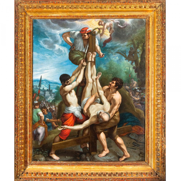 "Crucifixión de San Pedro", Escuela italiana, Principios del Siglo XVII. Óleo sobre cobre. 