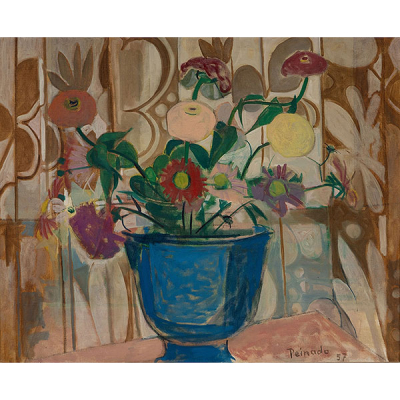 JOAQUÍN PEINADO   (Ronda, Málaga 1898 - París 1975).  &quot;Bodegón de cesta con flores&quot;   Firmado: Peinado 57.  Óleo / Lienzo 