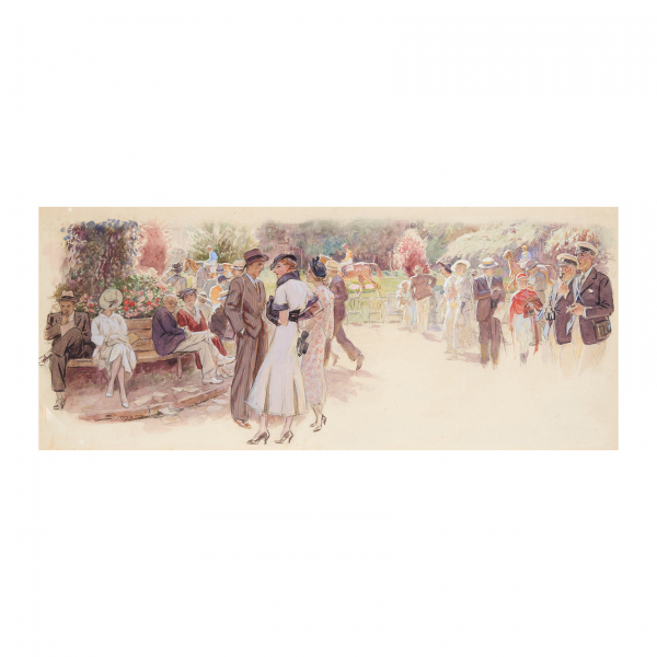 Josep Simont Guillén (Barcelona, 1875-Caracas, Venezuela, 1968).  Escena en el hipódromo.  Acuarela sobre papel. Firmado.