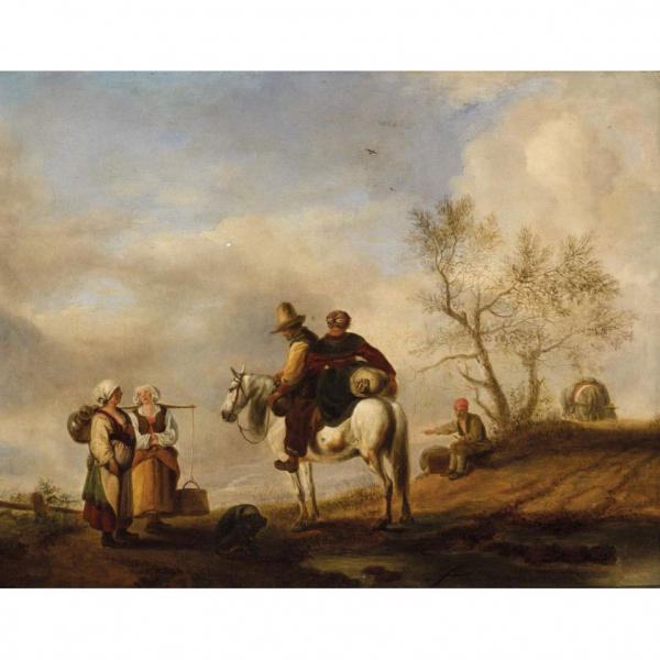 Phips Pauwelsz Wouwerman.   &quot;Encuentro en el camino&quot;. Óleo sobre tabla. (1619 - 1668)