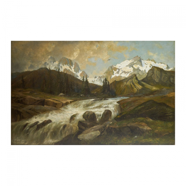 Ramon Martí Alsina (Barcelona, 1826-1894)  Paisaje montañoso con rio.  Óleo sobre tela. Firmado. 