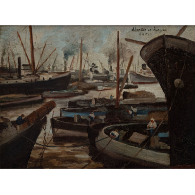&quot;Barcos con marineros en el puerto&quot;.   JULIÁN IBAÑEZ ALDECOA(Vizcaya, 1876-Buenos Aires, 1952) 