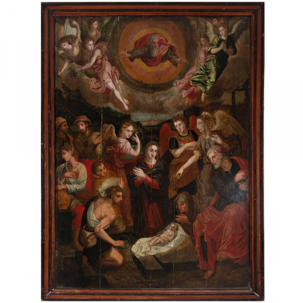 &quot;La Adoración de Pastores&quot; escuela Hispano-flamenca del siglo XVI - XVII.  Óleo sobre tabla