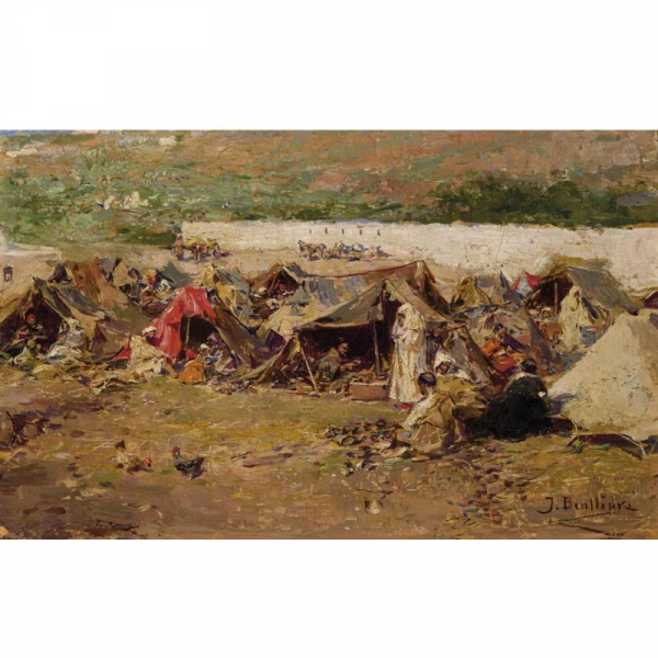 José Benlliure. &quot;Escena bereber&quot;. Óleo sobre tabla. Firmado en el ángulo inferior derecho.