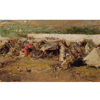 José Benlliure. &quot;Escena bereber&quot;. Óleo sobre tabla. Firmado en el ángulo inferior derecho.