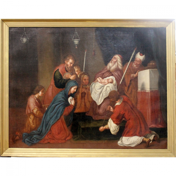 Escuela espa&ntilde;ola, s.XVIII.  La Purificaci&oacute;n del ni&ntilde;o Dios.  &Oacute;leo sobre tela. 