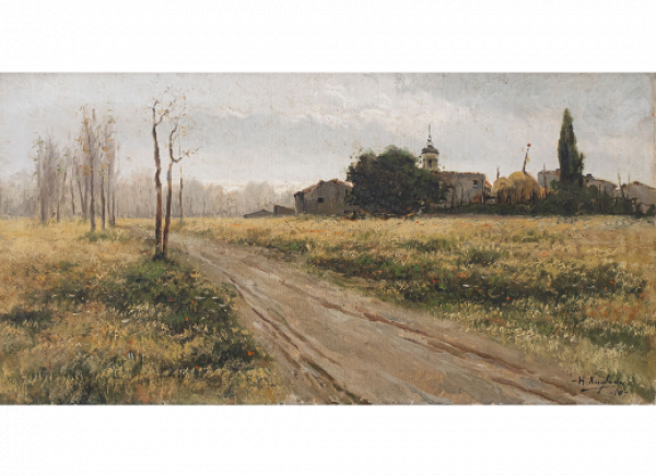 HERMENEGILDO ANGLADA-CAMARASA (Barcelona, 1871-Pollença, Mallorca, 1959)  Paisaje con camino, 1890.  