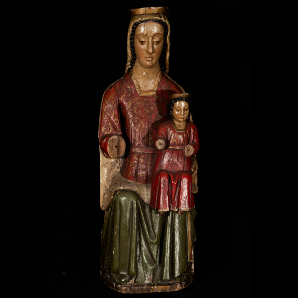 Escultura románica de Virgen entronizada con el Niño, escuela italiana toscana o lombarda, hacia el siglo XIII.