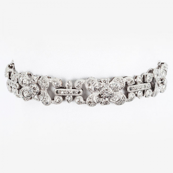 Pulsera antigua en montura de platino u oro blanco 18 K, con diamantes talla brillante 