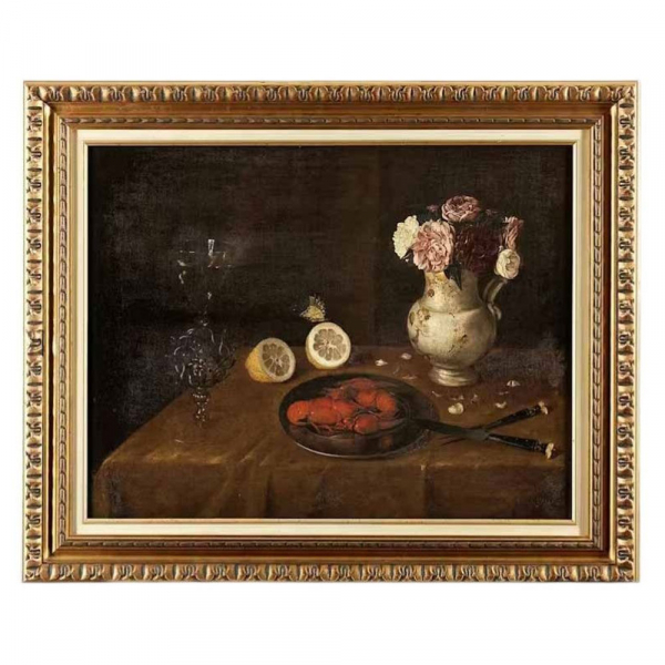 Escuela Alemana del siglo XVII "Cangrejos de r&iacute;o, limones y jarr&oacute;n de flores sobre un entablamento".  