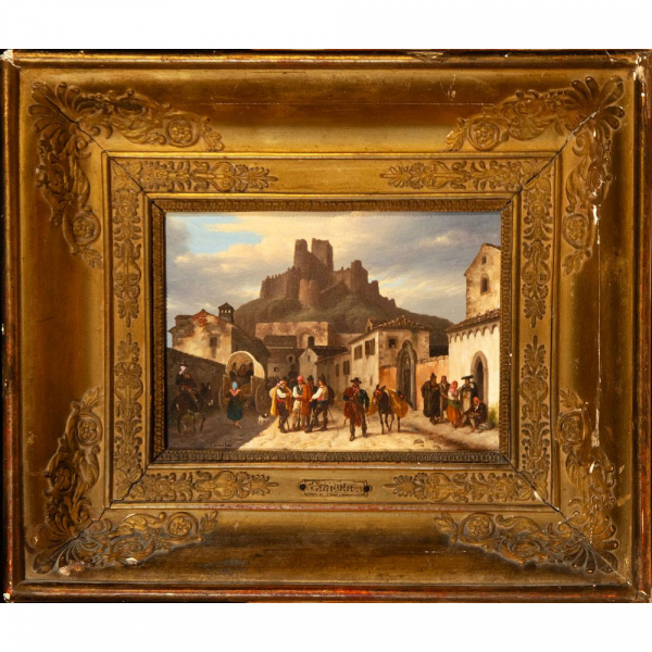 "Vista de la ciudad de Almansa con el castillo al fondo". Giuseppe Canella. Escuela Italiana del siglo XIX.   Óleo sobre hojalata