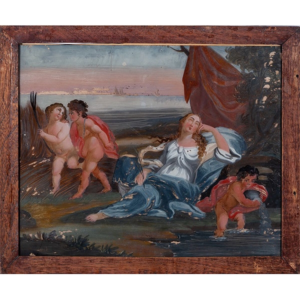 Cuatro vidrios pintados por el reverso con escenas mitológicas, siglo XVIII.