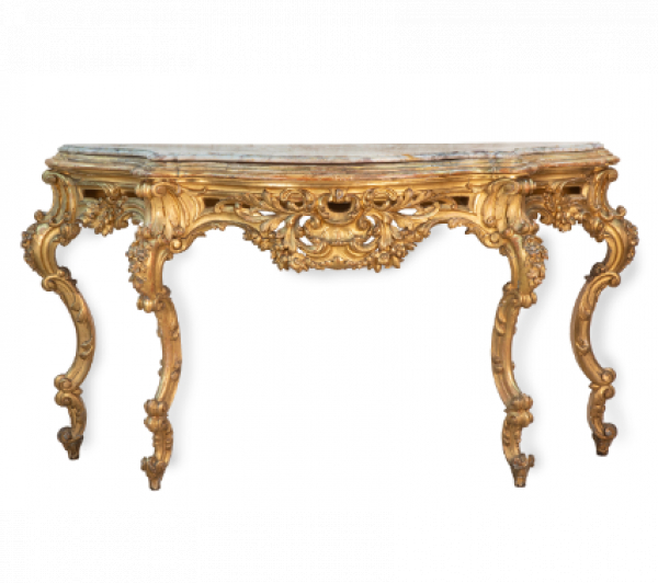 Consola de madera tallada y dorada con tapa de mármol.  Trabajo español, S. XVIII. 