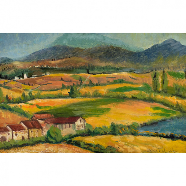 CRISTOBAL  GONZALEZ   (S. XX)  "Paisaje con casas"  Firmado: Cristobal  Óleo / Tabla