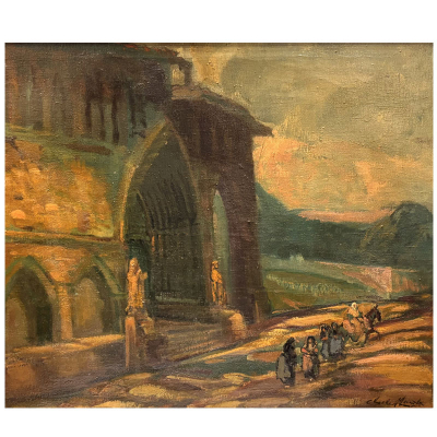 &quot;Procesión a la Iglesia del Santo Sepulcro de Estella&quot; Navarra.  GUSTAVO DE MAEZTU (Vitoria, 1887- Estella, 1947).  Óleo/Lienzo.   Titulado en el reverso.