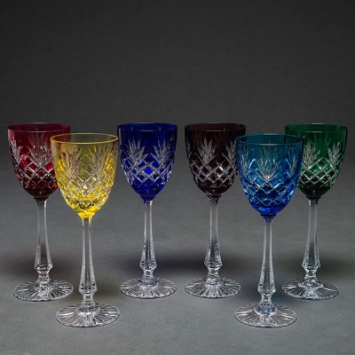 Conjunto de 6 copas en cristal Belga de Val Saint Lambert de diferentes colores