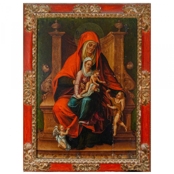 "Virgen con el Ni&ntilde;o y Santa Ana" Escuela Italiana, Siglo XV-XVI.  &Oacute;leo sobre tabla.
