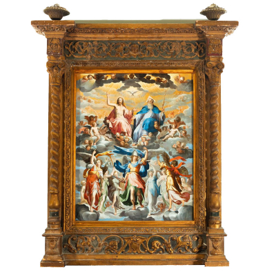 Arcángel San Miguel Rodeado de Ángeles frente a Dios Padre, Jesucristo y el Espíritu Santo, a la manera de Bernardo Bitti, escuela posiblemente colonial Peruana, siglo XVII.   Óleo sobre cobre