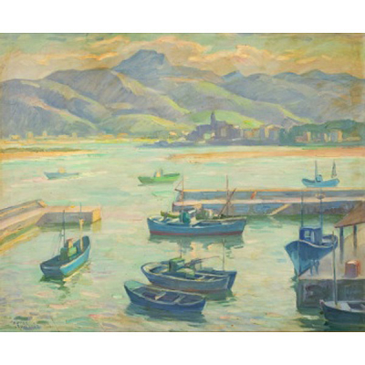 GASPAR MONTES ITURRIOZ  (Irún, Guipuzcoa 1901 - 1998) &quot;Barcas atracadas y personajes en el paseo&quot;
