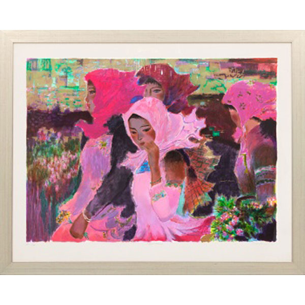 QUAN  SUN   (1942)  "Damas en rosa"  Firmado: Quan Sun (a lapicero)  Serigrafía / Papel