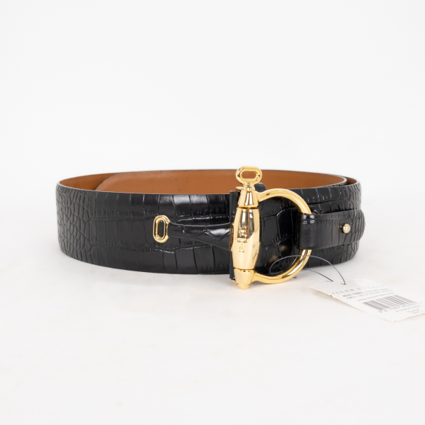 RALPH LAUREN. Cinturón en piel grabada en símil serpiente de tonalidad negra con hebilla en metal dorado 