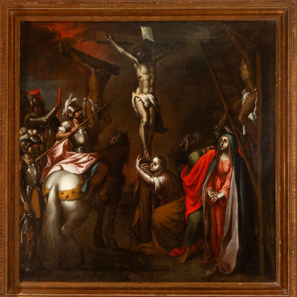 Calvario, escuela colonial de Lima de Pumacallao, Basilio Santa Cruz, siglo XVII, Perú Virreinal.    Óleo sobre lienzo.