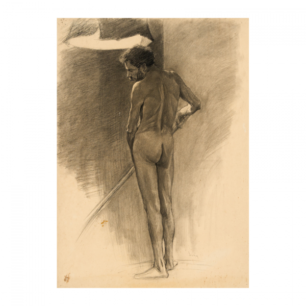 Juan Luna y Novicio (Filipinas, 1857-Hong Kong, 1899)  Modelo sujetando pérgola.  Dibujo a lápiz grafito sobre papel. Firmado.