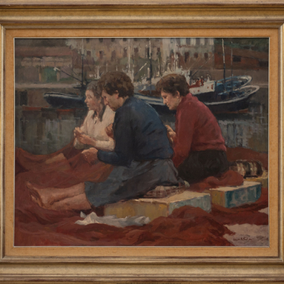 &quot;Cosiendo las redes en Bermeo&quot;.  CARLOS E. GIL (Bilbao, 1920-2004). Técnica: Óleo/Lienzo
