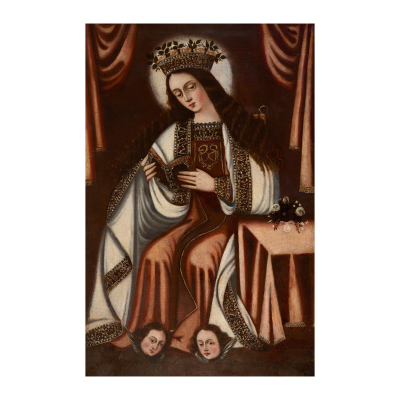 Escuela colonial, fles. del s.XVIII.  La Virgen leyendo.  Óleo sobre tela. 