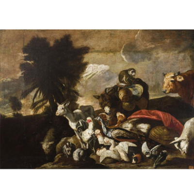 ESCUELA FLAMENCA S. XVII   &quot;Escena de animales&quot;. Óleo sobre lienzo.