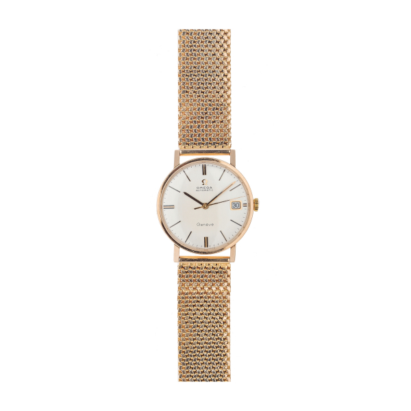 Reloj Omega de pulsera para caballero. En oro, c.1950. Esfera satinada con numeración a trazos aplicados.