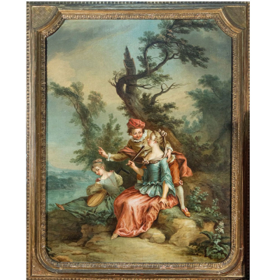 "Escena galante" atribuida a Fran&ccedil;ois Boucher y su Taller, firmado, siglo XVIII.   &Oacute;leo sobre lienzo