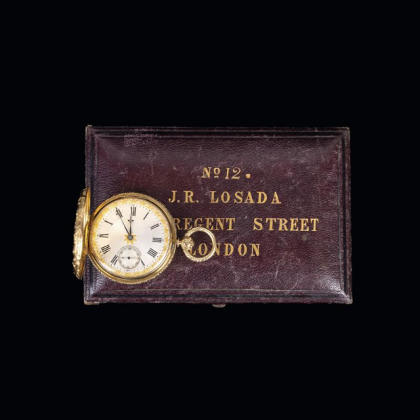 Importante reloj de bolsillo con leontina, de la manufactura de José Rodríguez LOSADA, realizado en oro amarillo punzonado de 18 K por Alfred Stram, de Londres, 1854.