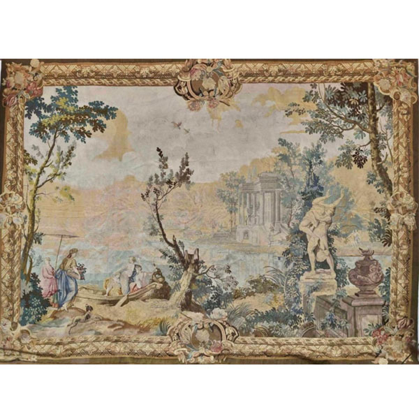 Monumental Tapiz Verdure Francés Luis XVI del siglo XVIII representando escena Galante bajo un Capricho.