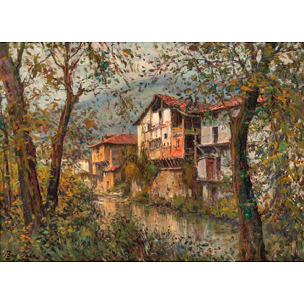 JUAN BAYÓN SALADO "BAY-SALA"   (Logroño 1913 - Bilbao 1995)  "Casa junto al río. Orozco"   