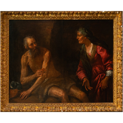 La paciencia del Santo Job, magnífico gran óleo sobre lienzo, maestro español o italiano del siglo XVII