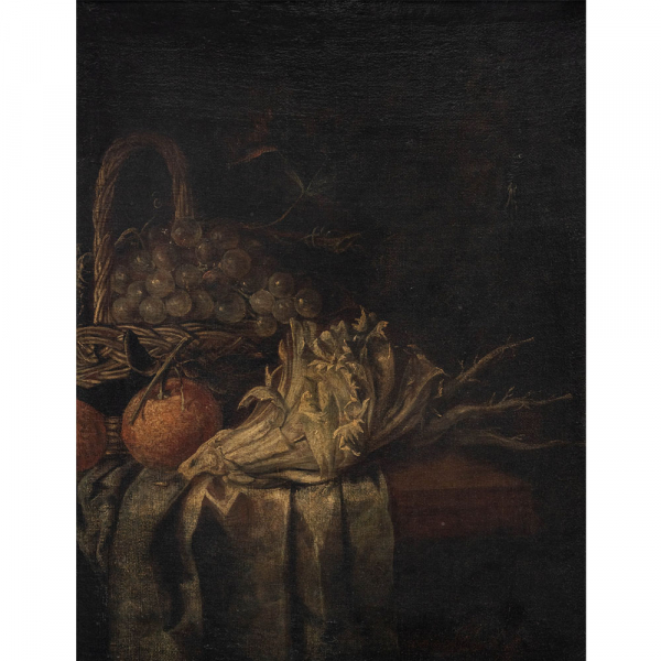 "Bodeg&oacute;n de cesta de uvas, cardo y naranjas" ESCUELA FLAMENCA DEL SIGLO XVII 