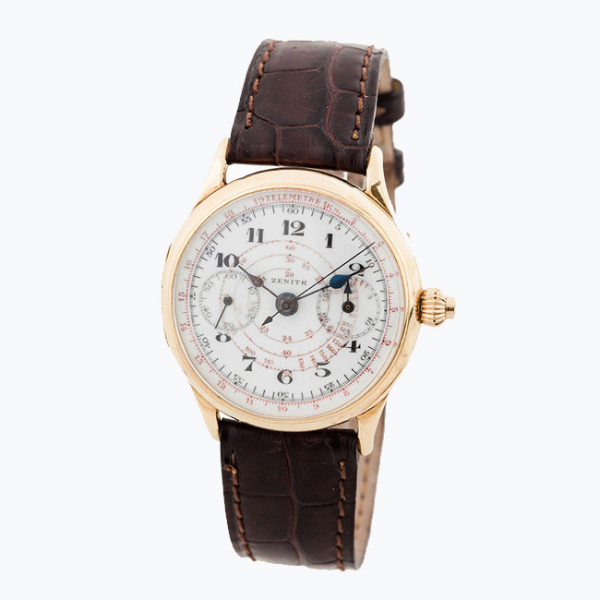Reloj cronógrafo monopulsador, cab., antiguo, suizo ZENITH, en caja original de oro amarillo 18 K, 38 mm, nº 521767.