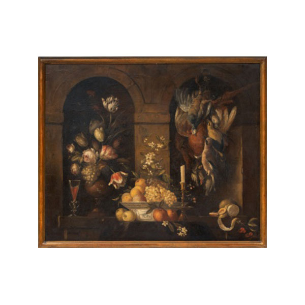 JOSÉ  MARTORELL PUIGDOMENECH  (Cervera , Lleida, Fin S. XIX - S. XX) "Bodegón de jarrón con flores , frutas y aves " Firmado 