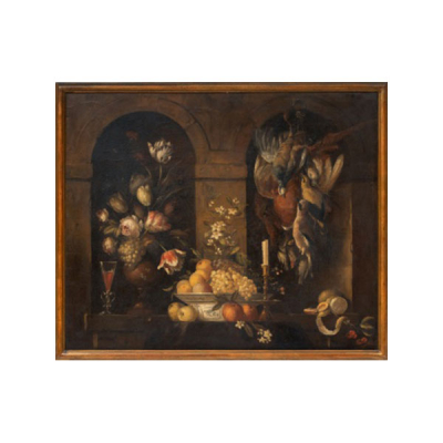 JOSÉ  MARTORELL PUIGDOMENECH  (Cervera , Lleida, Fin S. XIX - S. XX) &quot;Bodegón de jarrón con flores , frutas y aves &quot; Firmado 
