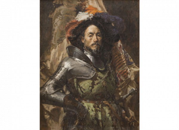 FRANCISCO PRADILLA Y ORTIZ (Villanueva de Gállego, Zaragoza, 1848 - Madrid, 1921)  Abanderado o Portaestandarte.   Óleo sobre lienzo. 