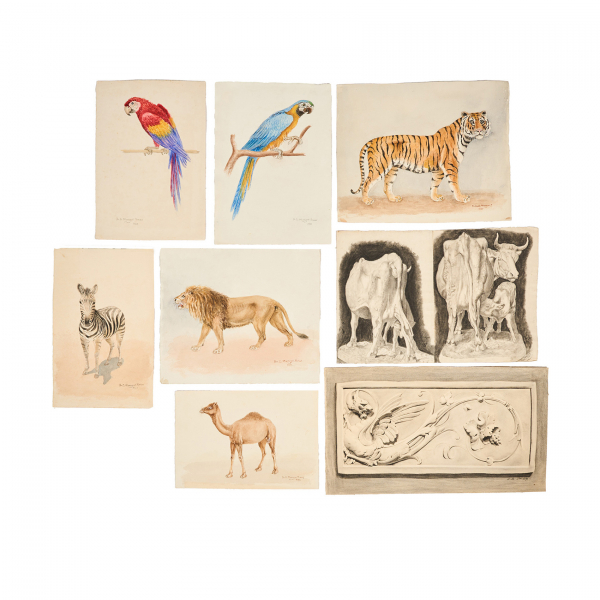 Luis Moragas Pomar (Barcelona fles. del s.XIX-XX)  Bocetos.  Lote de doce dibujos en acuarela y carboncillo sobre papel.