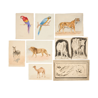 Luis Moragas Pomar (Barcelona fles. del s.XIX-XX)  Bocetos.  Lote de doce dibujos en acuarela y carboncillo sobre papel.